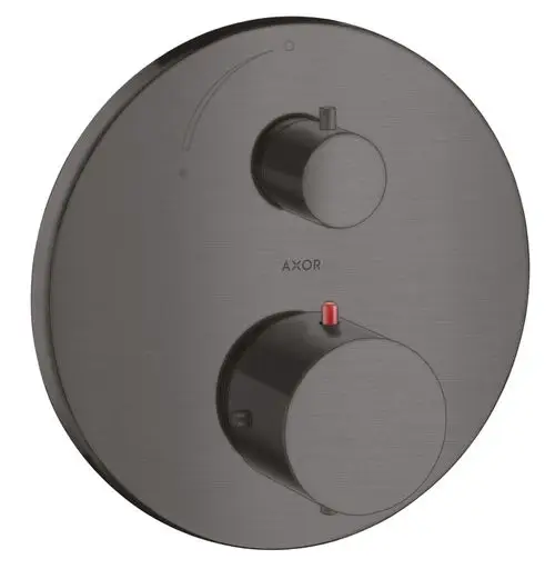 Thermostat mit zwei Bedienelementen in gebürstetem Schwarzchrom. Marke AXOR, geeignet für Unterputzinstallation, mit eingebautem Absperrventil.